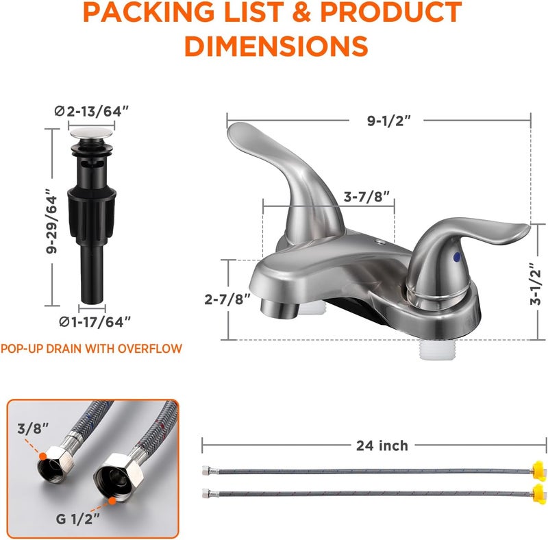 KPWATER Bathroom Sink Faucets 2/3 Hole,Brushed Nickel Dual Handles 4 inch Plastic Plating Over Bathroom Faucet with Pop-up Drain and 2 Supply Hoses for Apartment Rvs Sink Vanity - Image 3